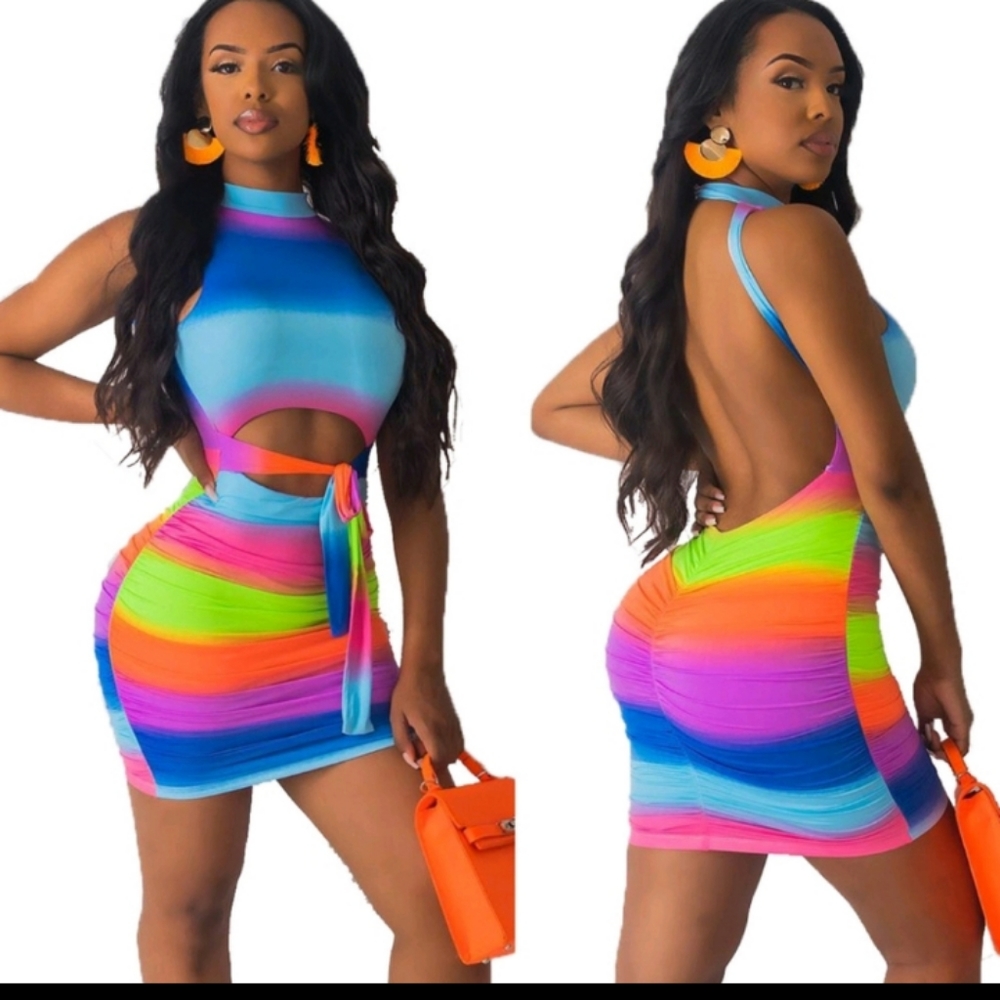Dolls Kill Sexy Backless Rainbow Multi Color Dress